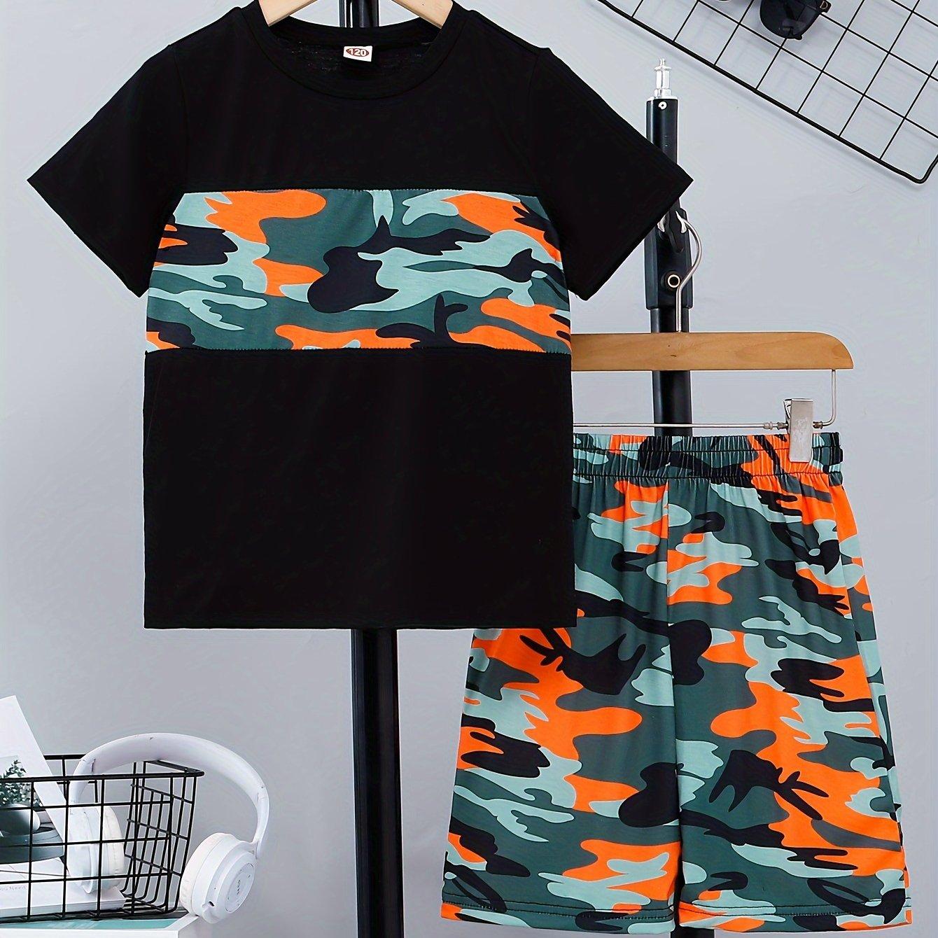 

Повсякденна футболка з короткими рукавами з камуфляжними швами та шорти з повним принтом для хлопчиків із 2 предметів, зручний літній дитячий одяг 150