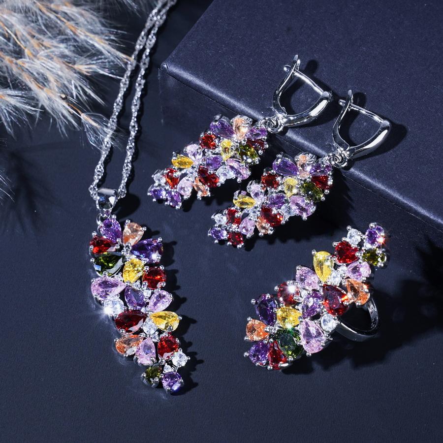 Luxury Exquisite Multicolor Zirconia  Plated Jewelry Sets For Women Earrings Necklace Ring Bracelet Wedding Gift