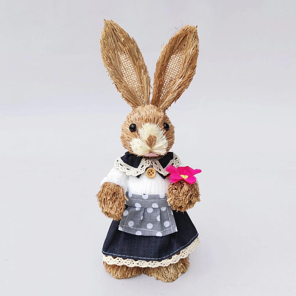 23cm Yard Party Home Easter Decor Woven Straw Bunny Rabbit Sculpture Statuette Easter Ornament