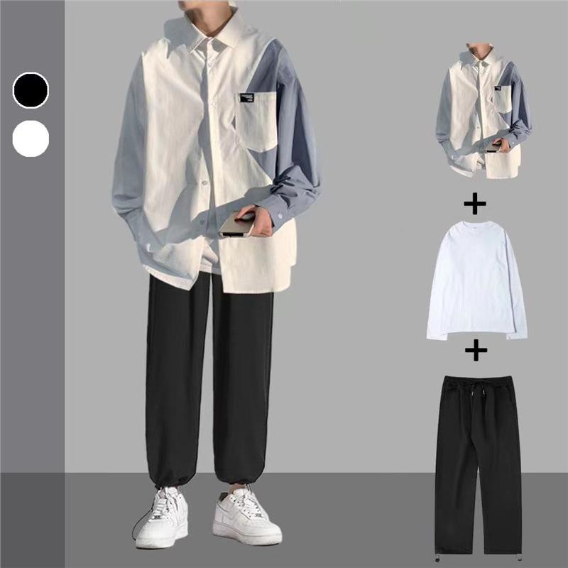 Men's Trendy Spliced Long-Sleeve Casual Shirt Set for Spring and Autumn