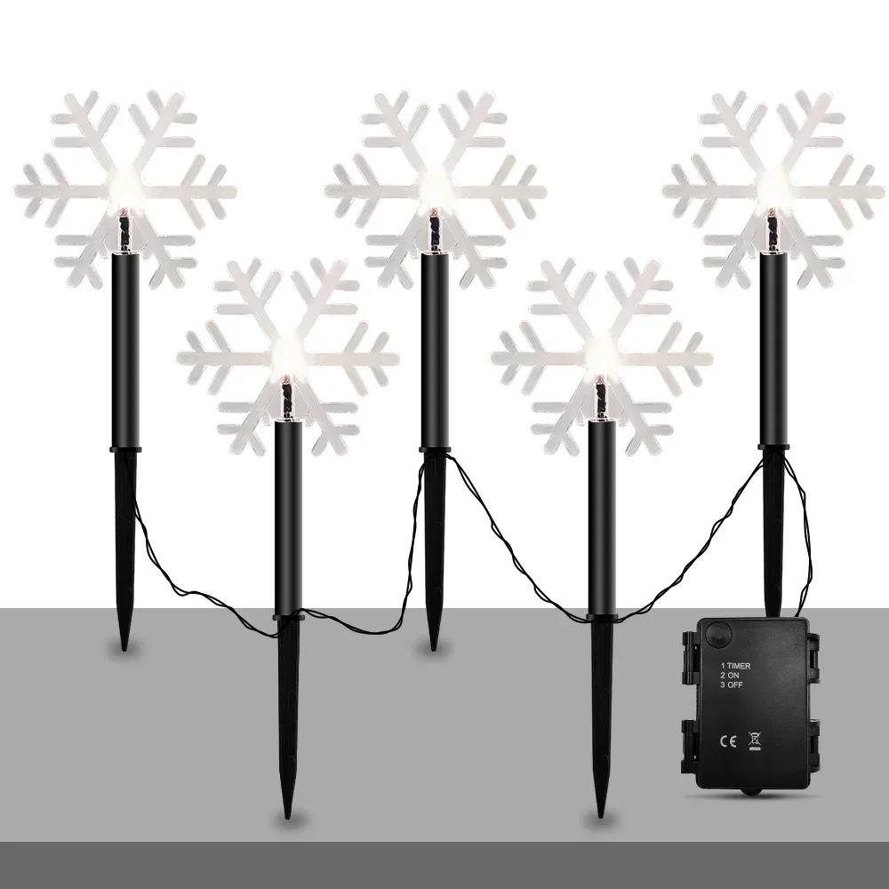 Outdoor Solar Christmas Lights Christmas Snowflake Star Solar Powered Lawn Light Set Of 5 Waterproof Pathway Stake Lights