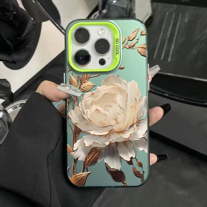 Gold Lotus Flower Electroplate Silver IMD Phone Case For iPhone 16 Pro Max 11 12 13 14 15 Pro 16E 7 8 Plus X XS Shockproof Cover