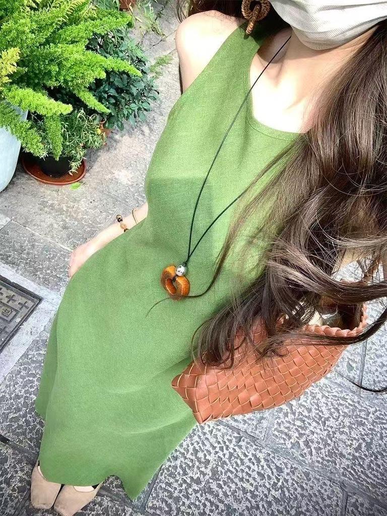 Retro Sleeveless Green Mori-style Summer Dress with Waist-cinching Slim Fit