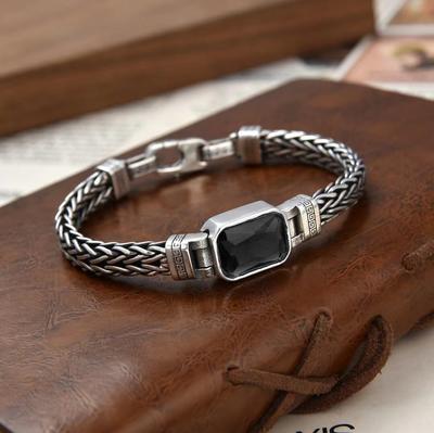 HX Silber Farbe Paar Stil Handgestricktes Armband Alt Vintage Schwarzer Stein Herren Personalisiert Vielseitig 5MM Kette Modeschmuck