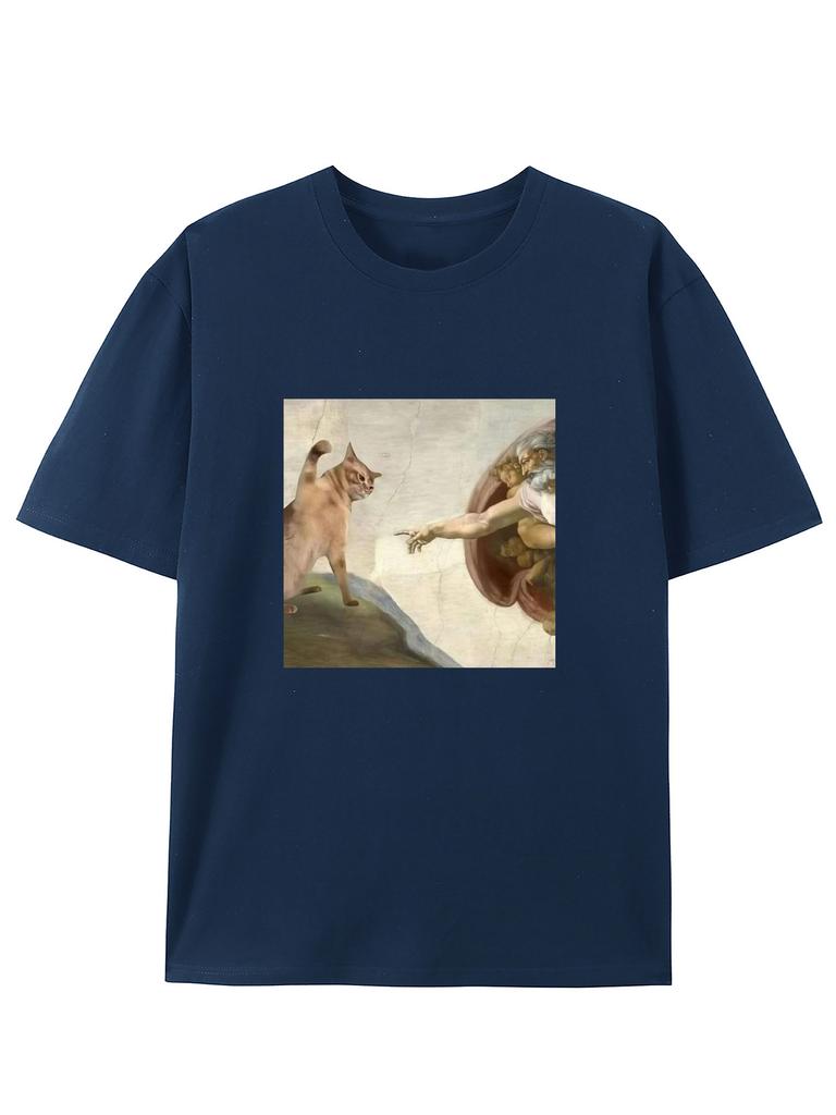 Humorous Cat and Adam Creation Parody Graphic T-Shirt Casual Crew Neck Tee Fit Short Sleeve for Adult Summer Casual Fashion Top