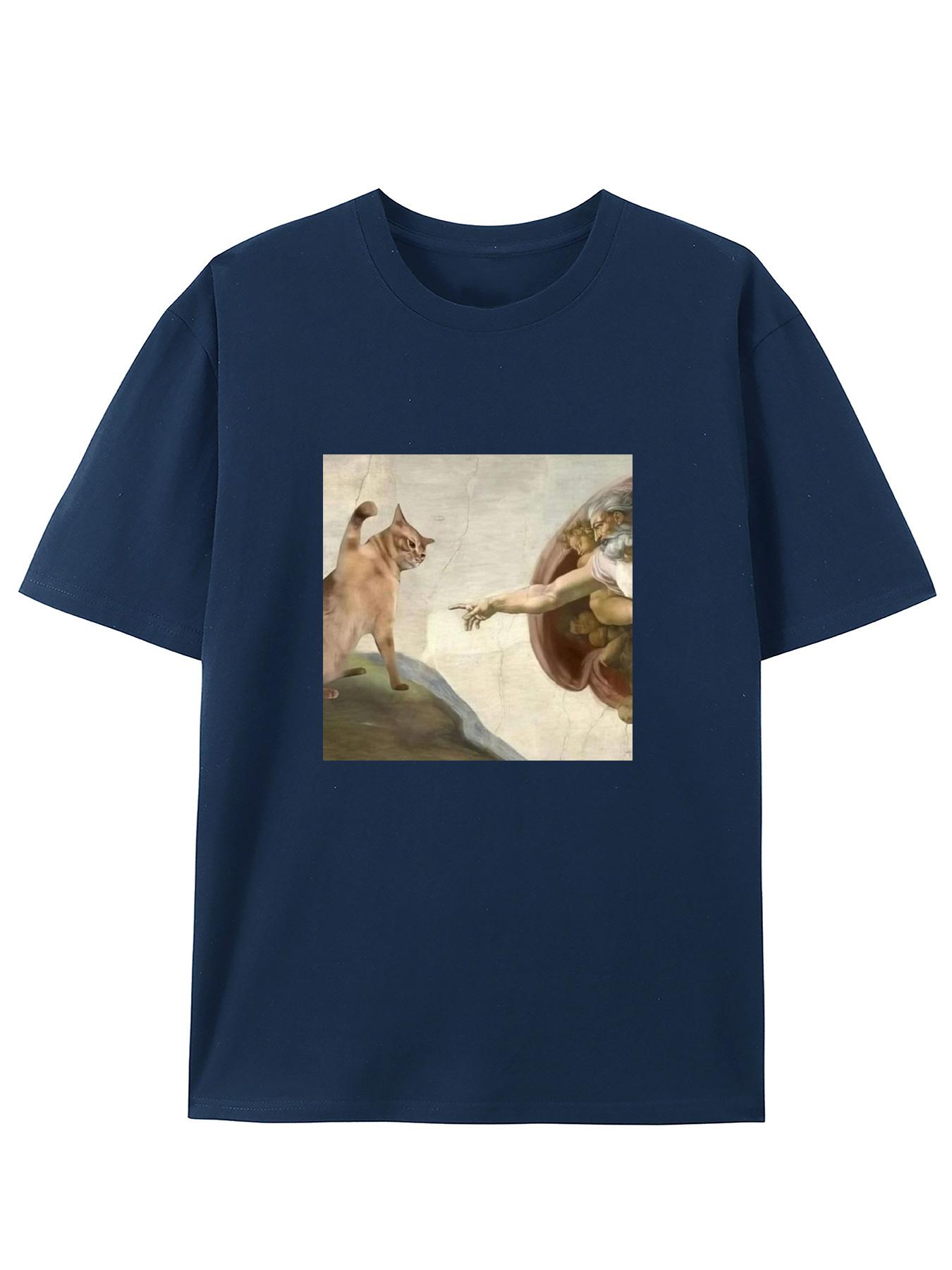 

Юмористическая футболка с графическим принтом «Пародия на Сотворение Адама» с котом, повседневная футболка с круглым вырезом, приталенная, с коротким рукавом, для взрослых, летний повседневный модный топ 4XL