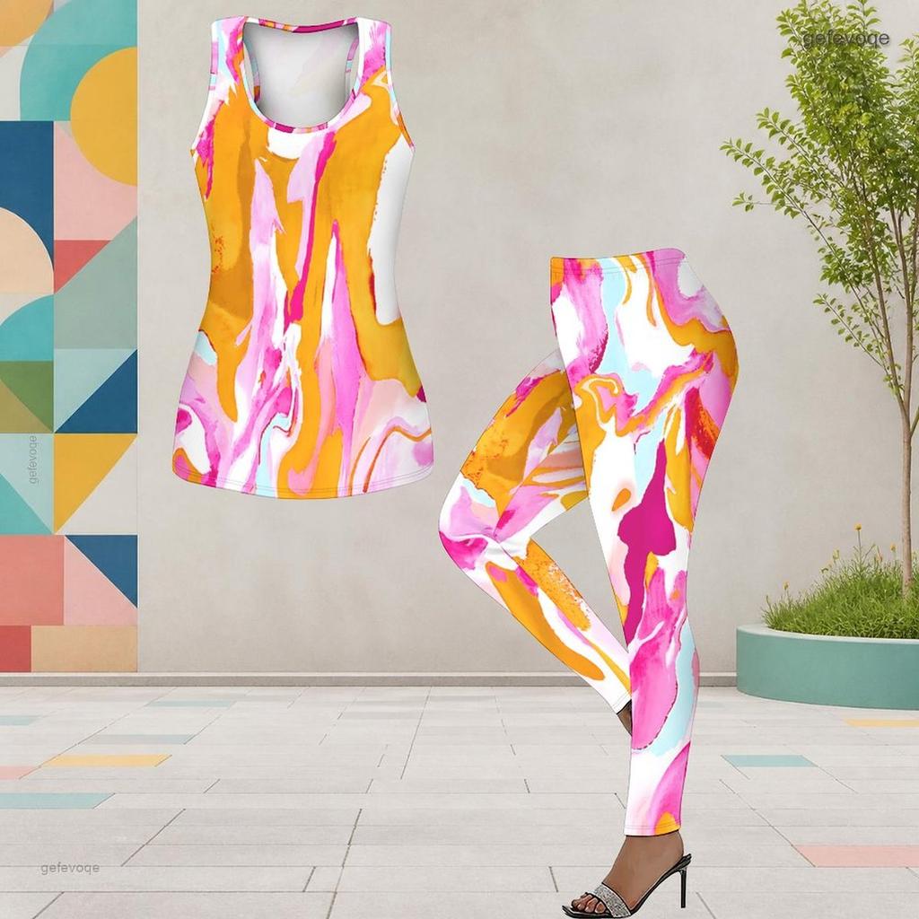 Women Plus Size Printed Two Piece Outfit Scoop Neck Sleeveless Tank Top And Fitted Pants