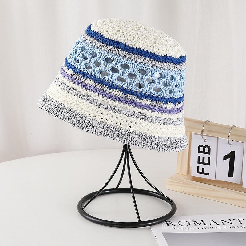 Summer Hollow Bucket Hat Colorful Stripe Sun Hat  Japanese Colorblock Bohimian Fisherman Hat Travel Beach Panama Cap Mom Gift