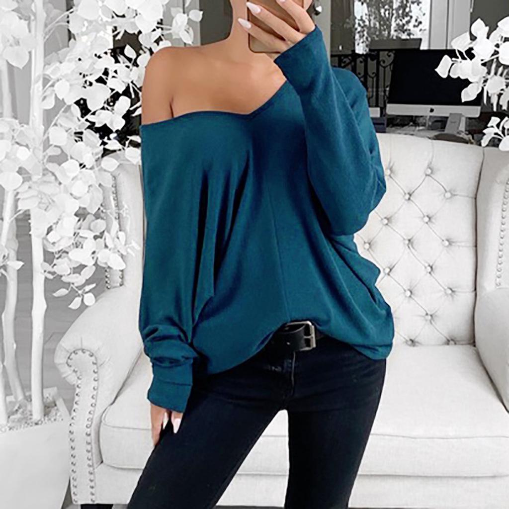 Simple Style Women Spring Fall Solid Color T-shirt Loose V-neck Casual Top