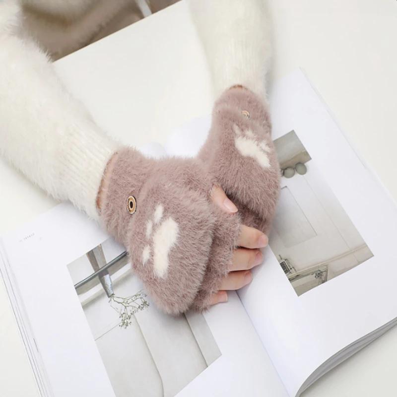 Cute Cartoon Knit Flip Top Gloves Women Warm Half Finger Thermal Winter Gloves Soft  Gloves for School Writing Cycling Use