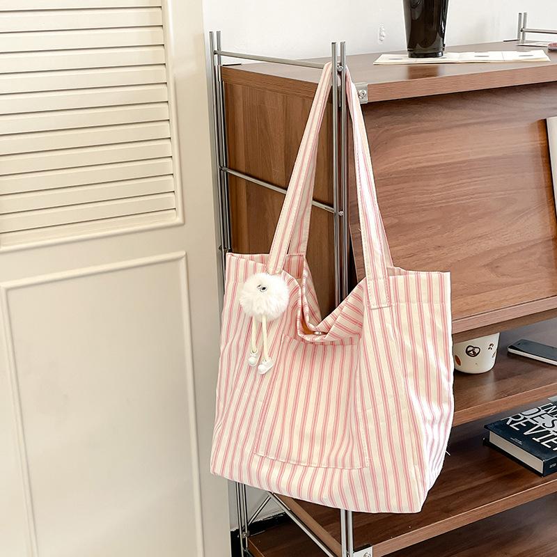 Striped Canvas Bag Women's Large-capacity Summer New Casual Shoulder Bag College Student Class Tote Bag
