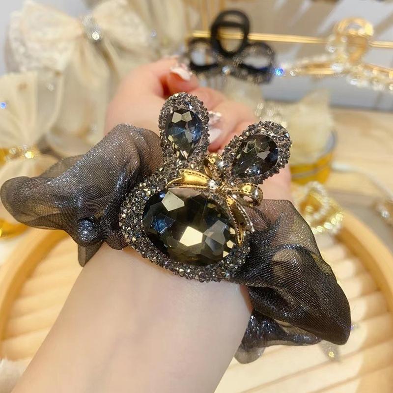 Fashion Rhinestone Rabbit Organza Scrunchies Women Hair Rope Retro Ponytail Holder Hair Band Elastic Hair Tie