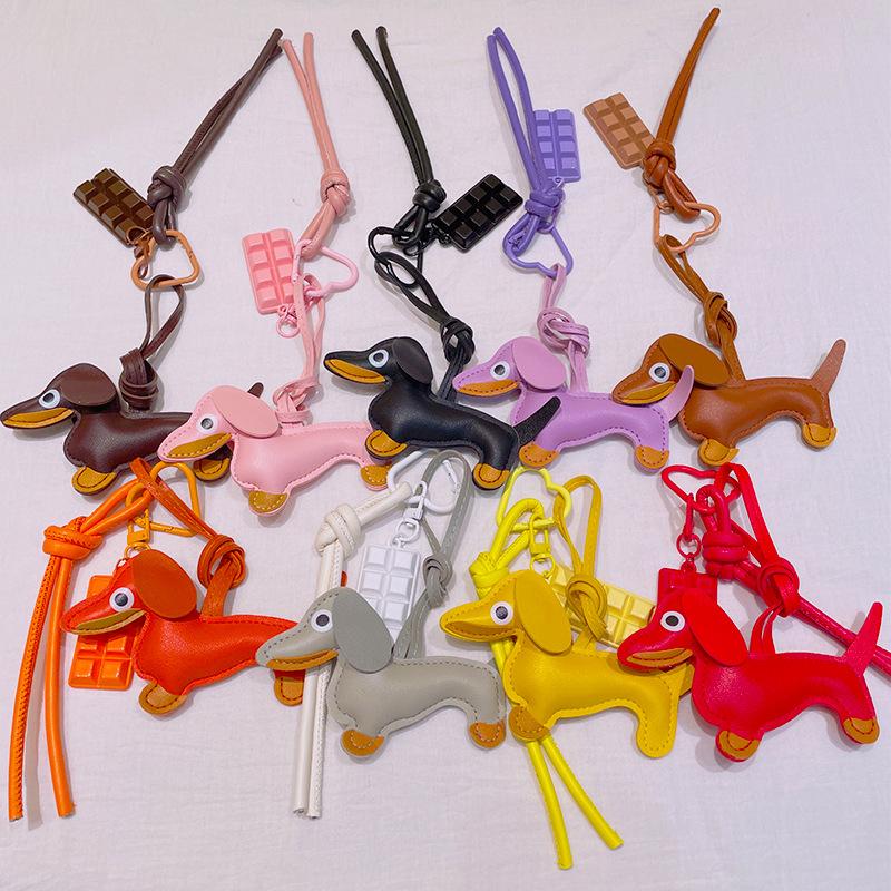 Leather Dachshund Chocolate Bag Accessories Pendant Key Chain Lanyard Creative Keychain