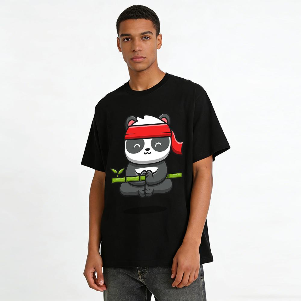 Kung Fu Panda Holding Bamboo Graphic Casual T-Shirt Pure Cotton T-shirt