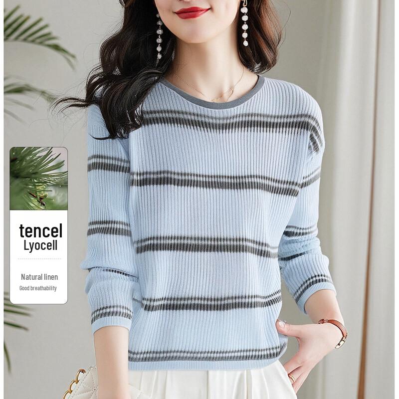 SNOWFLYING Women s Lyocell Linen Blend Striped Round Neck Knit T-Shirt M