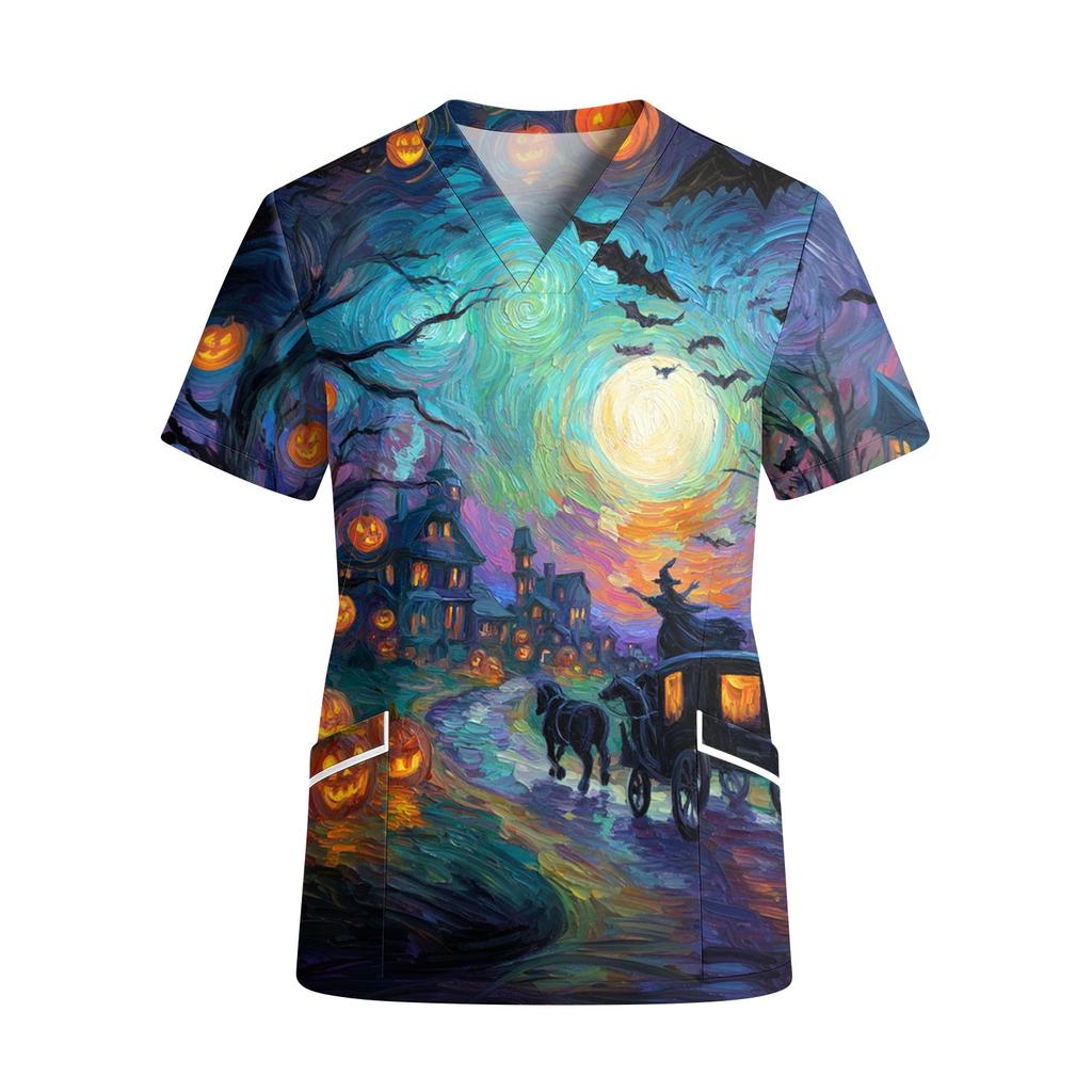 Women V Neck Short Sleeve Work Top with Pockets Halloween Pumpkin Print Medical Scrub Shirt Lightweight Comfortable Fit