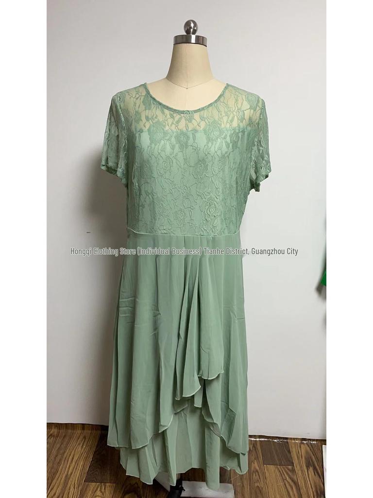 2026 Women's Chiffon Patchwork Print Dress: Round Neck, Short Sleeve, Wide Hem Skirt