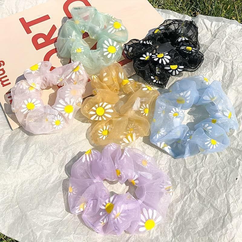 

Daisy Print Mesh Hair Scrunchies for Women Cute Pastel Floral Print Elastic Bands for Ponytails, Perfect for Daily Wear, Hair Accessories 6PCS