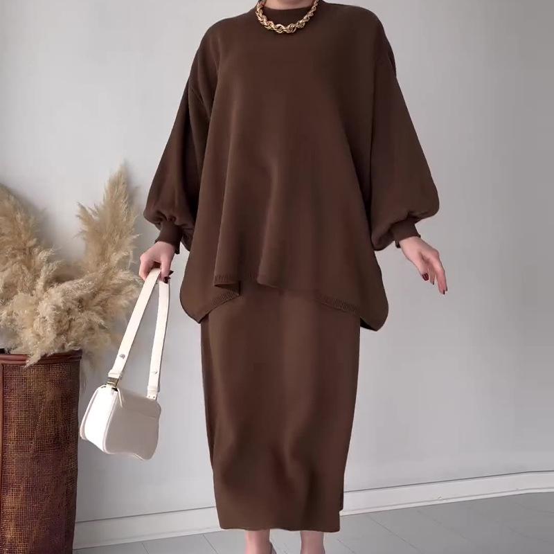 Herbst 2024 Europäisches & Amerikanisches Einfarbiges Lockeres Stricktop und A-Linien-Rock Set