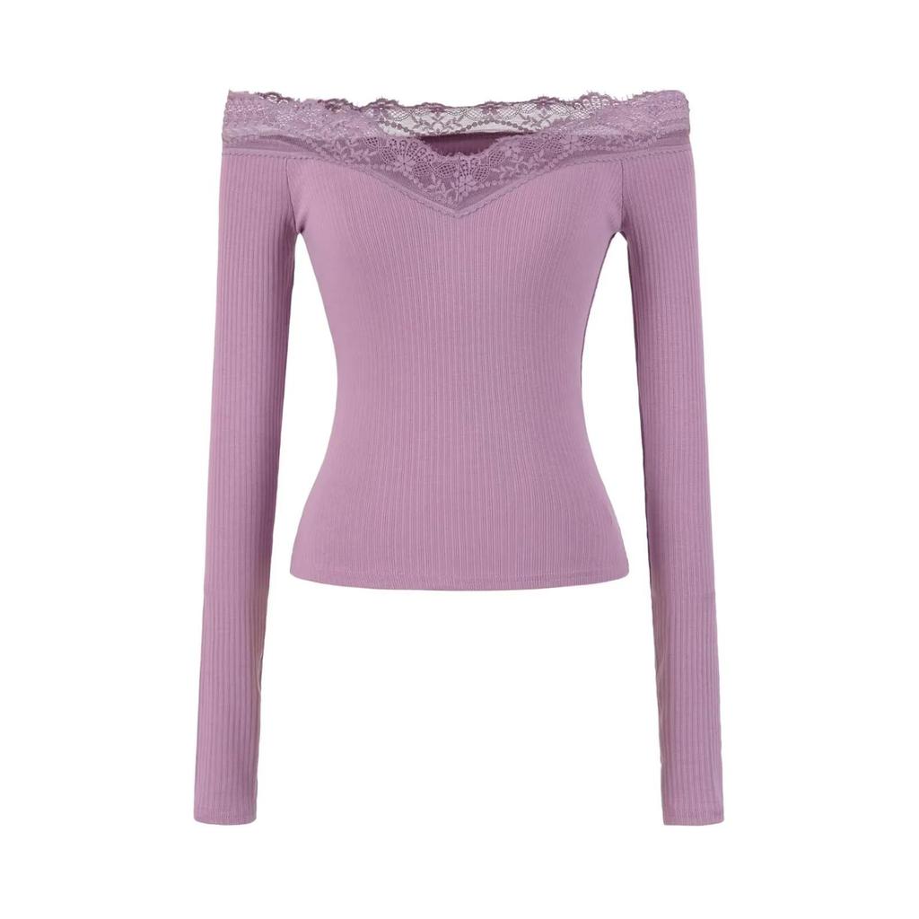 Elegant Lace One-Shoulder Long-Sleeve Women's T-shirt - 2026 Slim Fit, Classy & Off-the-Shoulder Style