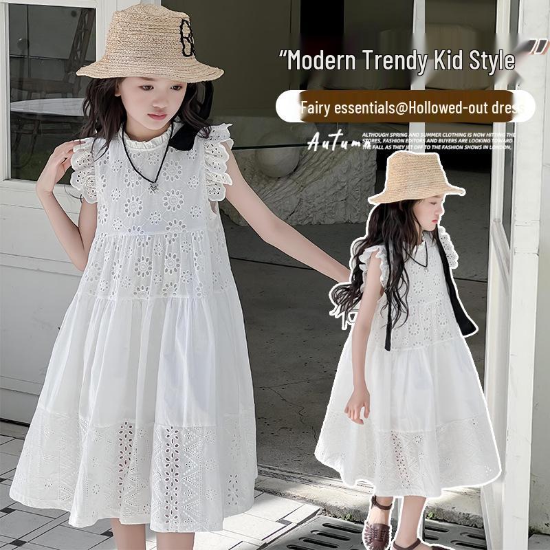 Summer 2025 Girls' Lace Princess Dress - Trendy Long Style for Big Children
