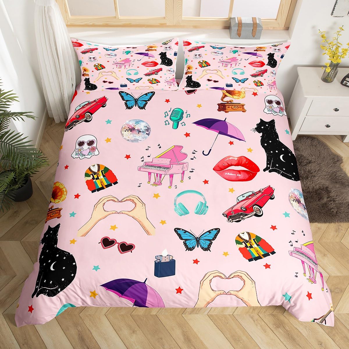 

Music Fans Print Soft Duvet Cover Twin Ful Music Theme Warm Comforter Cover Singer Fan White Beding Set for Birthday Valentines Day Gift 135*200cm Eu-Single
