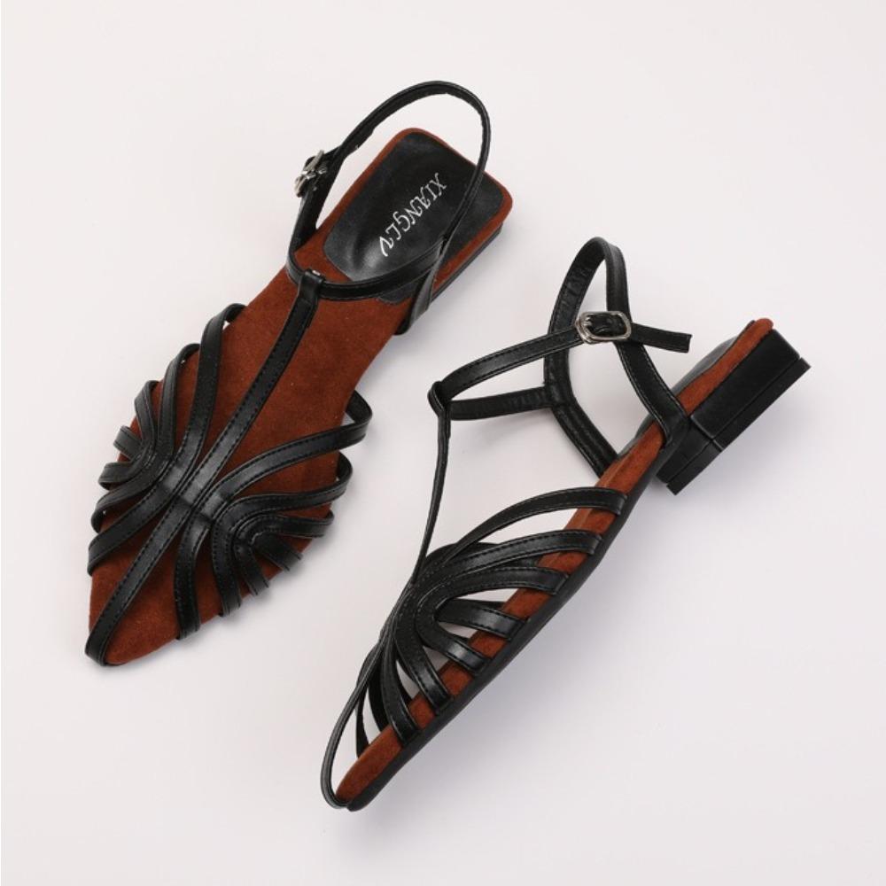 Knitted Low Heeled Roman Shoes for Women's 2025 Summer New Style Open Toed Straight Leg Sandals for Outdoor Travel Beach Shoes