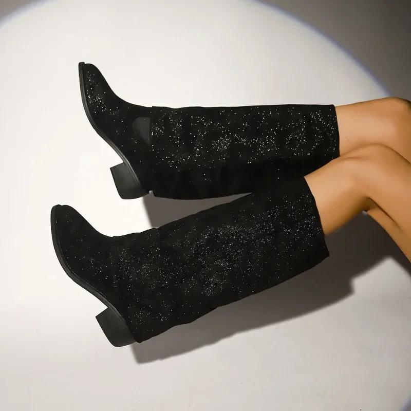 Fashion 2024 Plus Size Shoes Female Knee-High Women's Boots Elegant Modern Boots Women Sewing Pointed Toe Med Heel Slip On Ladies Shoes