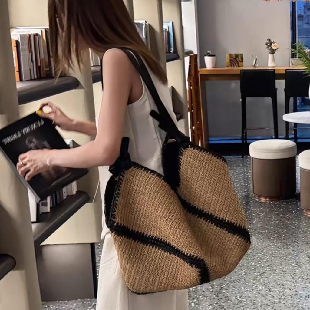 Korean Retro Exquisite Large Bag, High-end Seaside Lazy Style Woven Shoulder Bag, Summer Tourism Vacation Style Beach Bag