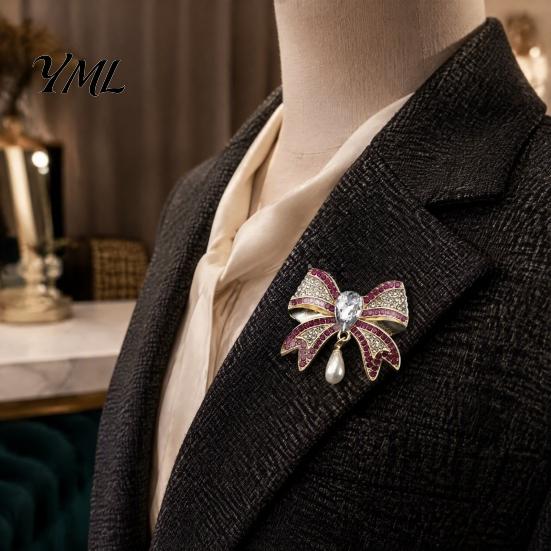 Alloy Lapel Pin Retro Rhinestone Bow Brooch, Bowknot with Waterdrop Faux Pearl, Metal Brooch Women Jewelry Accessories for Wedding Party Daily