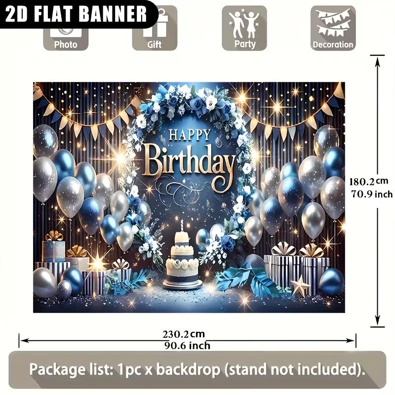 2D Navy Blue Birthday Backdrop, Balloon & Floral Party Background Cloth