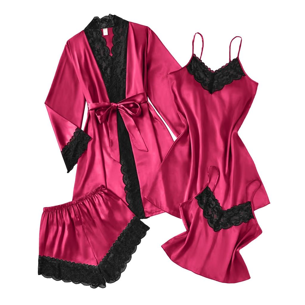 Women's 4,piece Satin Pajama Set, Soft Satin Sleepwear Set