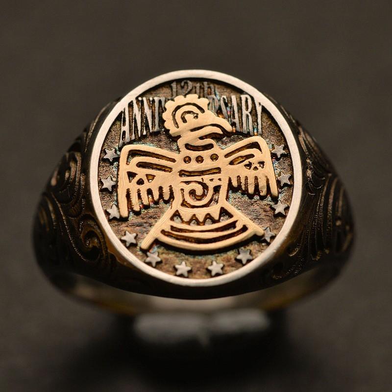 Handcrafted Vintage Thunderbird Seal Ring Men Women Adjustable Open Band Geometric Animal Motif Plated Jewelry