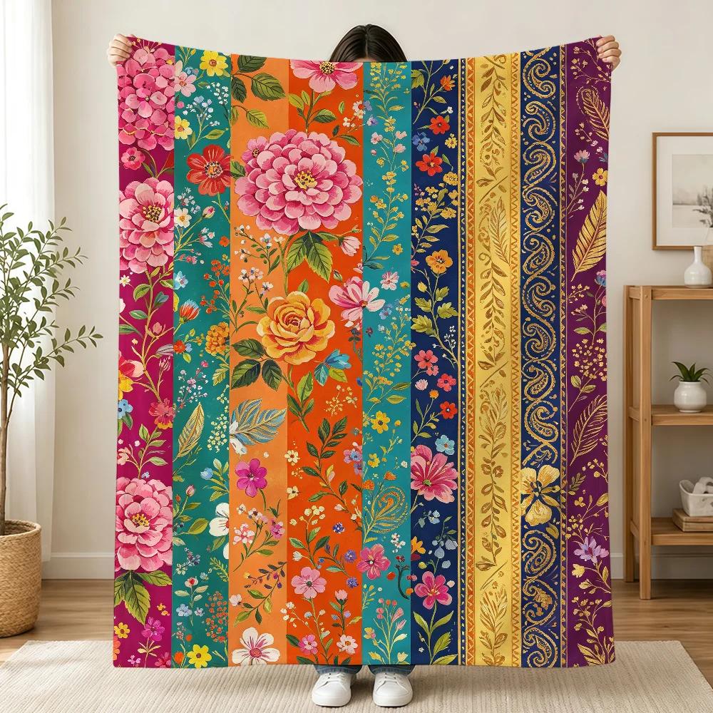 Bohemian Patchwork Style Vintage Floral Blanket Printed Flannel Soft Warm Cozy Season Nap Bed Sofa Travel Camping Gift Adult Kid