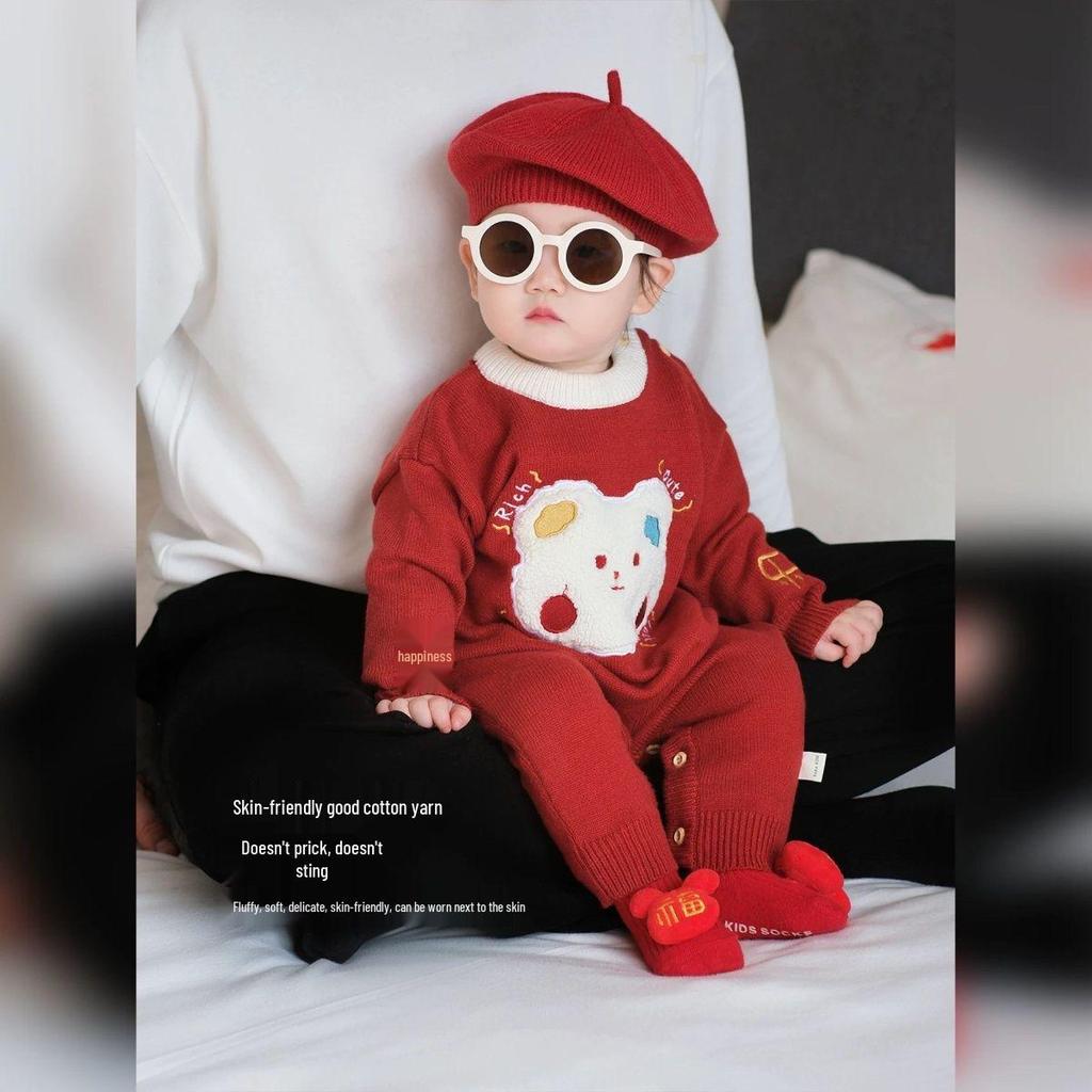 Slavnostní červená novorozenecká kombinéza - Podzimní/zimní svetrový overal