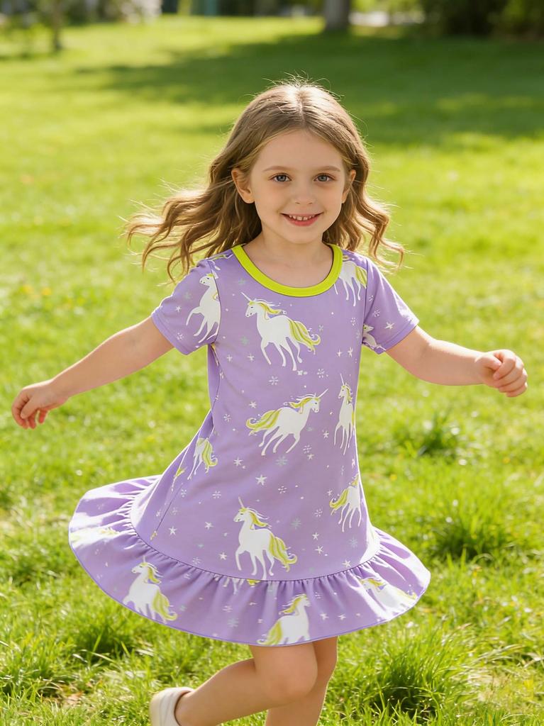 Sweet Girls Everyday Dress, Light Purple Summer Casual Short Sleeve Toddler to Kids 2-8 Years Comfortable and Soft