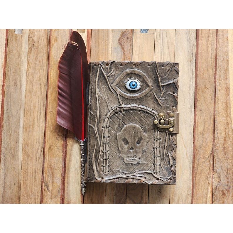 Gothic Spellbook Journal with Skull & Eye Design | 200 Page Fantasy Leather Notebook | Dark Aesthetic Grimoire with Lock, Book of Shadows