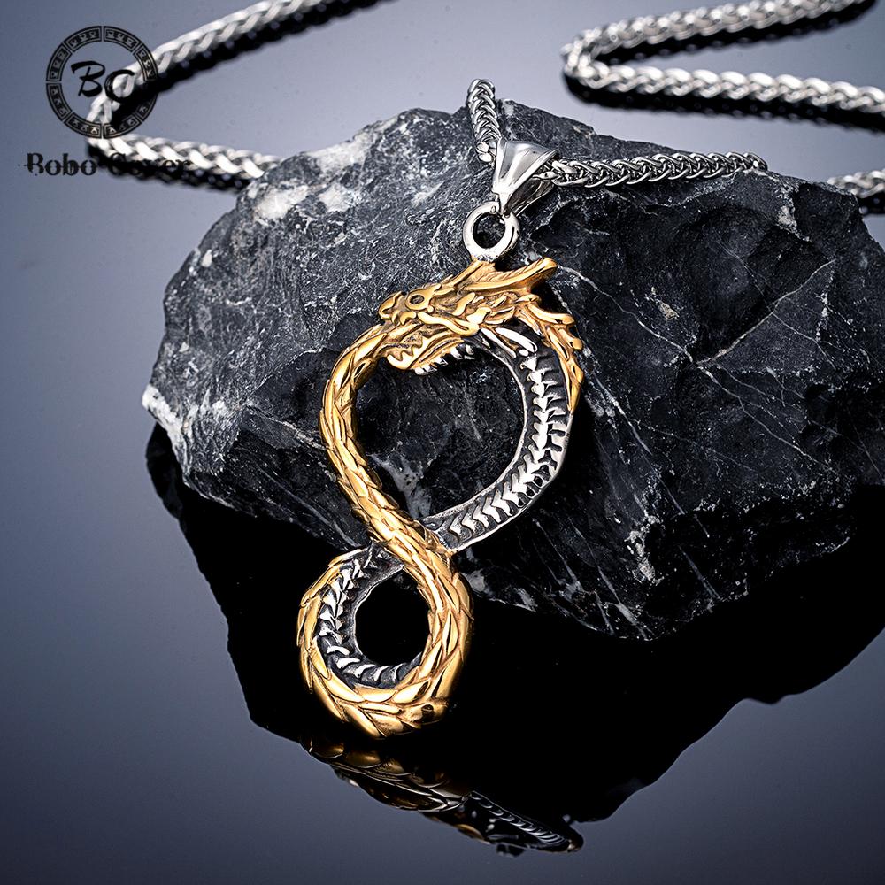 Punk Norse Viking Dragon Necklace Gold Stainless Steel Infinity Pendant Ouroboros Amulet Jewelry Gift for Men