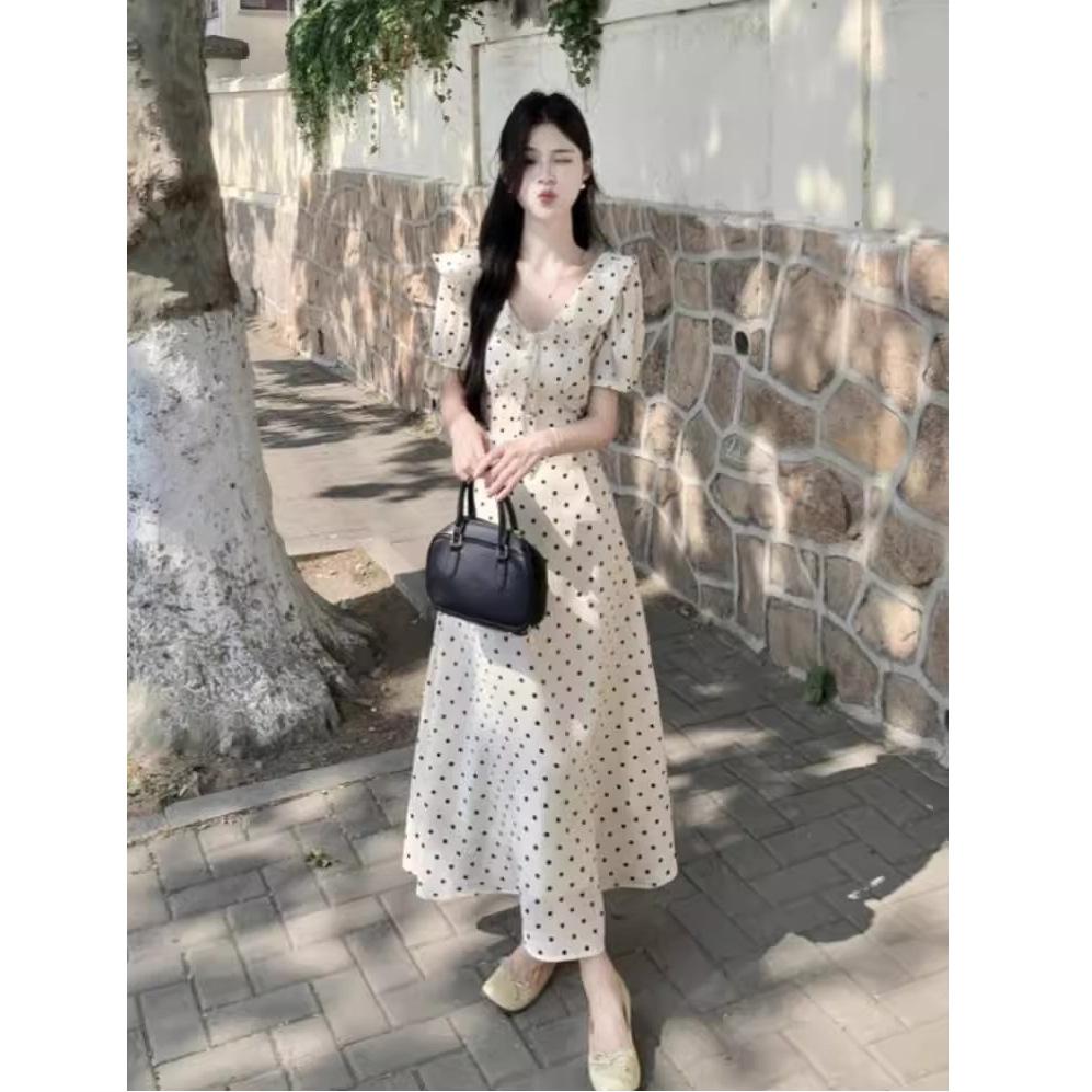 French lace-up bubble sleeve polka dot dress women's summer new ruffle edge waist thin chic temperament long dress