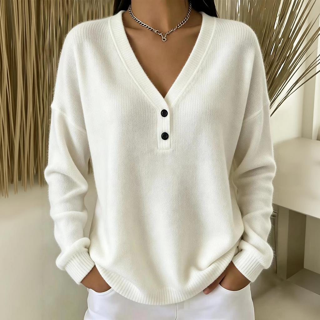 Women's V-Neck Button Color Sweater, Stylish Versatile Knit Layering Top for Casual Wear