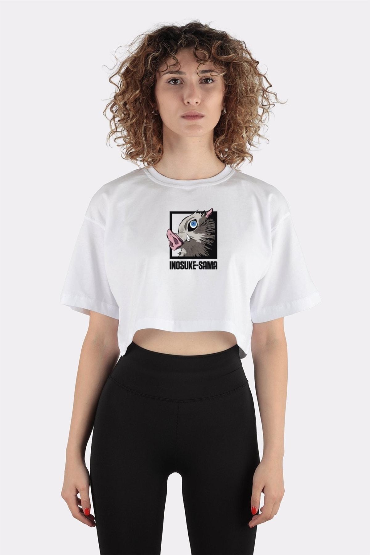 

Beyaz %100 Pamuk Bisiklet Yaka Crop T-shirt Inosuke Sama
