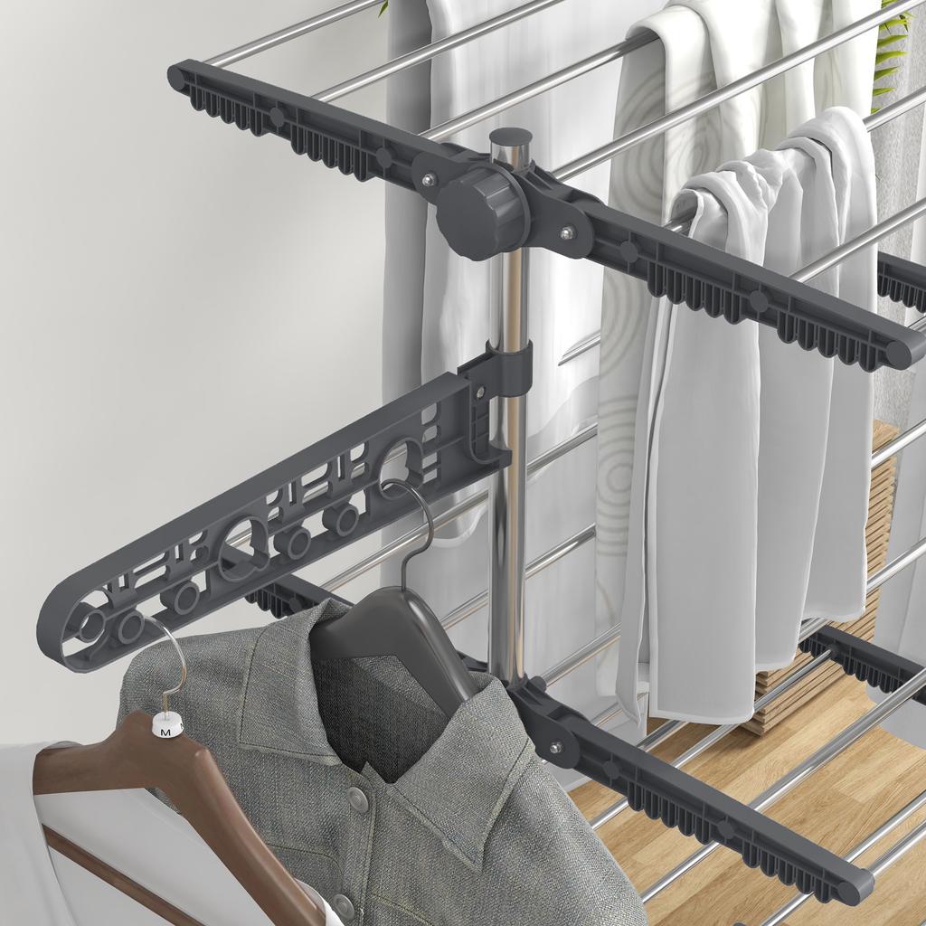 Four-Shelf Collapsing Clothes Horse, With Side Arms and Wheels - Grey