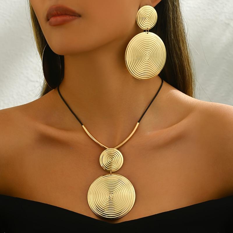 Fashionable Hip-hop Round Pendant Necklace Earrings Women's Suit Minimalist Exaggerated Party Zircon Gift Accessories