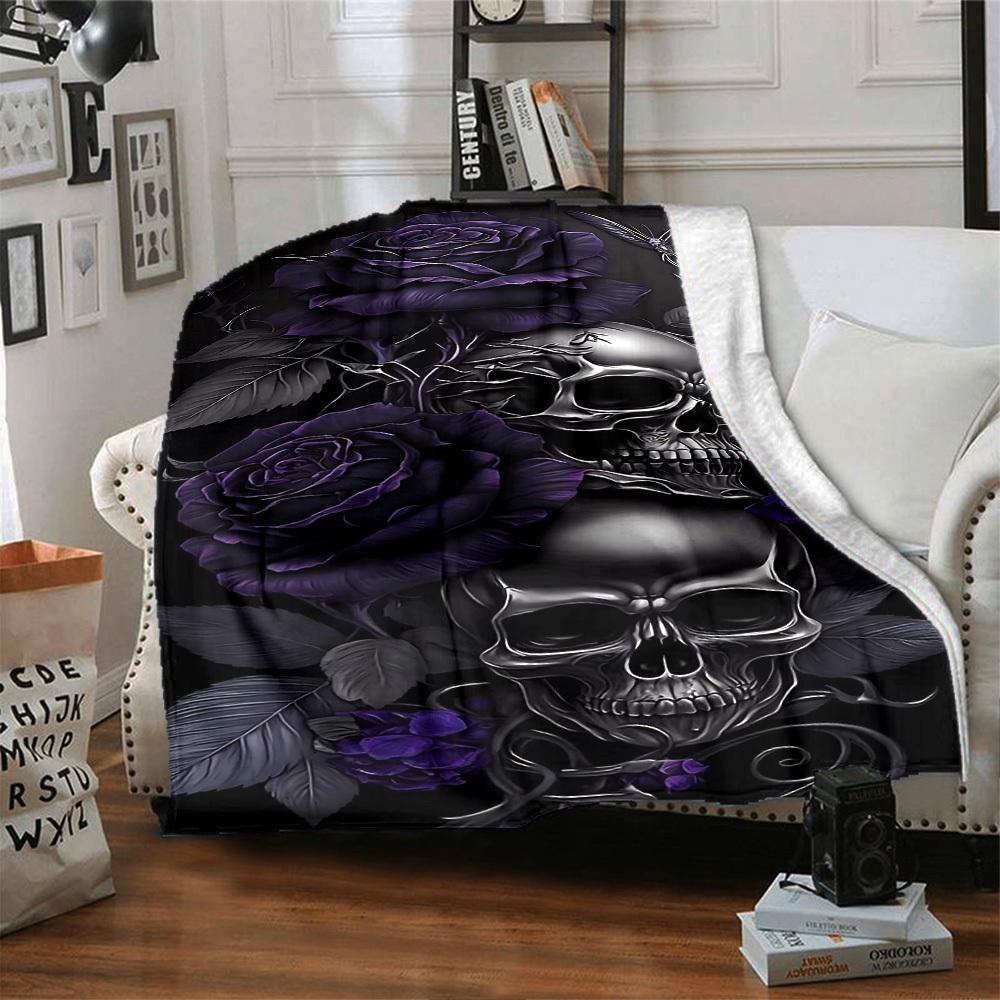 1pc Skull Purple_rose Soft Warm Throw Blanket Nap Blanket For Couch Sofa Office Bed Camping Travel,Comfortable