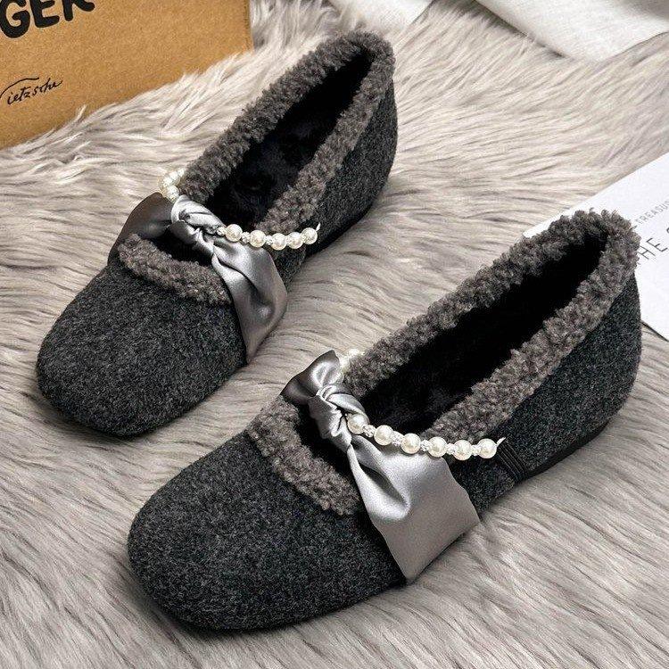 Сказочные жемчужные пушистые туфли осенне-зимние новые шапка с бантом вельветовые хлопковые туфли 35 серый