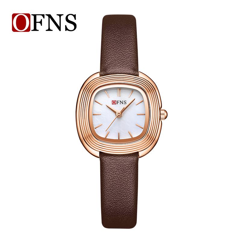 OFNS Women's Fashionable Lightweight Waterproof Quartz Watch with Small Leather Strap and Square Dial