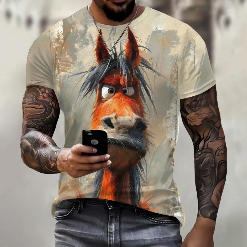T-shirt da uomo a maniche corte con stampa 3D motivo cavallo stile retrò casual street sport outdoor maglietta girocollo top cloti