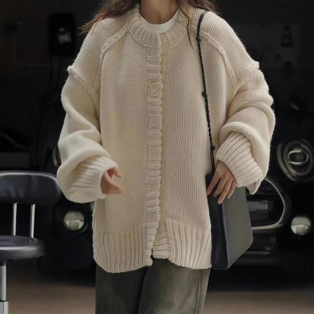 Solid color reverse-set knitted women's cardigan autumn and winter new lazy style casual loose round neck cardigan jacket