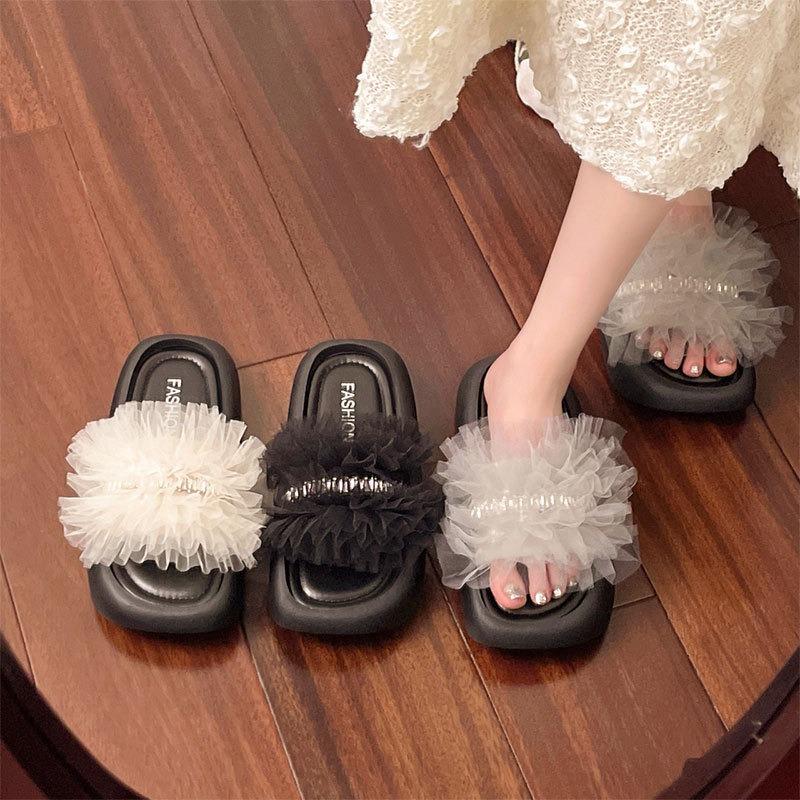 Solid color JX sweet light luxury one-word slippers women's summer new small thick-bottomed muffins and heightening sandals