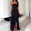 Womens Black Strapless Corset Maxi Dress With Ruffle Hem Asymmetrical Slit Evening Party Gown